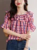 Bluzki damskie z ramion luźna szyfonowa koszula dla kobiet cienkie letnie topy kwadratowy nadruk top ruffle pullover pół rękaw