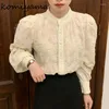 Women's Blouses Komiyama Stand Collar Beading Blusas Mujer Lace Floral Shirts Spring Single Breasted Camisas Long Sleeve Shirt Tops