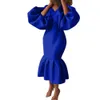 Robes décontractées de base plus taille décontractée élégante femme à la mode couleur continue V-collier bulle à manches longues robe en queue de poisson