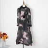 Casual Dresses Coigarsam Women Beach Dress Spring 2024 Office Lady Flounced Belt Print Long Sleeve Ruffled Zipper Black