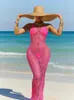 Casual Women Long Knitted Dresses Halter Backless Crocheted Dress Solid Pattern Beach Crochet Cover Ups