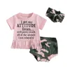 Ensembles de vêtements Baby Girl Vêtements d'été J'obtiens mon attitude de toutes les femmes Tassel T-shirt Tops Camouflage Shorts 3pcs