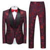 Fashion Mens Casual Business Hochzeitsblumenanzüge Mantelhosen 3 PCs Set Schale bedruckte Kleiderblazer Jacke Hose Weste 240419