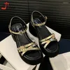 Sandalen Plattform für Frauen 9 cm Keilhochschürze Knöchelgurt Sommer komfortable Höhe Zunahme römische Schuhe