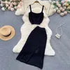 Work Dresses Women Beach Two Pieces Sets Summer Hollow Out Knit Camisole Elastic Waist Long Split Skirts Sexy Suits Dropship