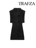 Casual Dresses TRAFZA Women's Spring Fashion Shoulder Padded Small Turtle Neck Party Dress Sleeveless Shiny Sequin Robe Midi Y2K