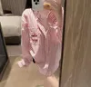 甘いピンクのストライプシャツの女性サマーシルエットシングル胸シャツ女性韓国ファッションシックな刺繍カジュアルオフィストップレディース