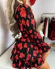カジュアルドレス女性のための短いスカート2024春夏ファッションvネック長袖アイレット刺繍シャーレッドフリルミニドレス