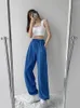 Calça feminina calça azul para mulheres para mulheres de verão Baggy cintura alta as calças de perna larga de pernas largas esportes de primavera