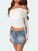 Women's Blouses Off-Shoulder Shirt Casual Pullovers Aesthetic Clothes Ladies Slim Shirts Streetwear Fold Over Drawstring Top