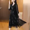 Robes de fête printemps été noire de soie satin midi robe femme mode polo chic pro de coréen vintage vestidos de soirée décontractée