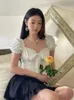 Bluzki damskie koszule houzhou kawaii biała koszula damska słodycz marszczone rękawy pędu upraw na topie letnie krótkie rękawy swobodny ulicy Koreańska moda2405