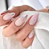 24st Kort runda huvudet falska naglar glitter rosa mandel falsk fransk full täckning på bärbara nagelips manikyr 240419
