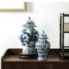 Vasen Vintage Blue White Ceramic Topf Lagerglas mit Abdeckung moderne getrocknete Blumen Vase Home Dekoration Arrangement Accessoires