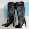 Botas enrugadas de couro genuíno sapatos de couro joelho alto preto preto de dedão grossa