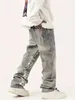 Koreaanse modeheren Casual lange jeans graffiti klassieke man rechte denim brede pijpenbroek vaste kleur licht 240420