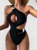 Women's Swimwear Slimming Cut Out One Piece Swimsuit Women Jewelry Ladies Solid Beachwear 2024 Summer Holiday Trendy Female Clothes