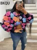 BKQQu Herbst Cropped Jackel Coats Frauen Y2K 3D Blumen Patchwork Lose Langarmjacken Einer-Breast-Strickjacke Outerwear 240423