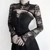Collier de support noir à manches noires à manches à manches noires avec une cour de corps de mésange ajusté longue chemise de base en dentelle sexy transparente 92447p