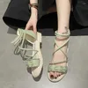 Sandals 2024 Fashion Korean Style Women Flat Shoes Ladies Square Heels Elegant Summer Outside Cross Tied Leather Female Slides