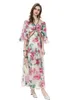 Runway -jurken voor dames sexy v nek 3/4 flare mouwen bloemen gedrukte taille high street mode casual vestidos