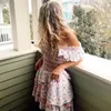 Boho Inspired mixed floral prints ruffled party dress puff sleeve square neck smocked sexy laides dress mini chic summer dress 240416