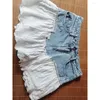 Kvinnors jeans sommarbottnar kvinnor denim mesh spetsar skarv kjolar hög midja asymmetriska frill tyll gotiska blå shorts koreanskt mode sexigt