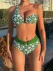 Women's Swimwear Flower Print 2 Piece Swimsuit Women High Waist Green Bikini Single Shoulder Hollow Out Ring Bathing Suit Beach Backless
