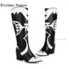 Boots Bow Couleurs mixtes modernes Talon carré Point Point Slip on Patchwork Knee High V-Cut Big Size Boties Woman 2024 Tendance