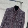 Damesjassen 2024 Leer/zomer draagrretro elegante stand kraag zipper ontwerp vlinder garen blauw paarse tweed jas 0314