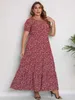 Основные повседневные платья плюс размер жены Ditsy Print Slve Slve Round Slve Maxi Promeed Camual Dress Y240429