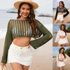 Women's Swimwear Women Bathing Suit Coverup Long Sleeve Crochet Swim Beach Top Hollow Out