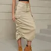 Skirts Women Workwear Style Multiple Pockets Denim Skirt Side Drawstring Adjustable Hem Elastic Waist Half-body Dress Casual Streetwear