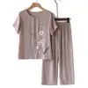 Zweiteilige Hosen Hosen Crew Neck Pyjama Top Elegantes Set mitten im mittleren Alter mit Blumendruck kurzarm weites Bein für Mutter