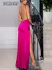 Sukienki swobodne DMDRS | Różowy prosta sukienka maxi dla kobiet miękka satynowa solidka v szyja suknia imprezowa spaghetti Paski Prom