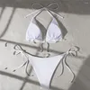 Kvinnors badkläder Bikini Set Solid White Plush Triangle Halter Micro Thong Swimsuit Woman 2024 Beach Bathing Sy Sexy Mini Mujer