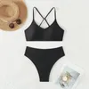 Swimwear's Swimwear Sumpe Summer Due pezzi set sexy set di bikini a costolette nere aperta in spiaggia indossare abiti da vacanza diviso