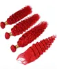 Paquets de cheveux humains rouge vif malaisien bon marché avec une fermeture de fermeture de fermeture en couleur rouge de la fermeture rouge profond 4x4 avec des tissages 4pcs2939903