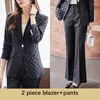 Women's Two Piece Pants Tesco Elegant Set For Women Plaid Suit Long Sleeve Blazer Flare Office Outfits Female Conjunto Feminino