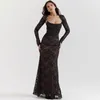 Casual jurken Elegant Vintage Hollow Out Lace Maxi -jurk Lange mouw Cape 2 -delige set Verjaardags outfits Jurk Slip Bandage
