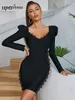 Lässige Kleider sexy Frauen schwarzer Spitze Patch Verbandskleid Langarm Perspektive Tüll Design Bodycon Mini Abend Club Party Vestidos