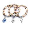 Strand träpärlor armband elastiska vintage korshänge armband religiösa smycken