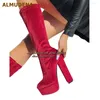 Stiefel Almalmudena Red Velvet Chunky Ferse Knie hohe Plattform runde Zeh Große Reißverschlüsse Elegante Frauen Abendkleiderschuhe size46