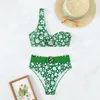 Women's Swimwear Flower Print 2 Piece Swimsuit Women High Waist Green Bikini Single Shoulder Hollow Out Ring Bathing Suit Beach Backless