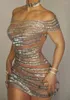 Stage Wear Women Off spalla Shiny Sinestones Dressone Dress Wrap Hip Bodycon Sexy Club Party Costume Canta