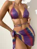 Frauen Badebekleidung sexy 3 -teilige Bikinis Sets Frauen glänzende farbenfrohe Ablauf -Push -up -Verbandrock 2024 Strandanzug Badeanzug Badeanzug Badeanzug