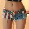 Mid Taille Jeans Shorts Women Fashion USA Flagge gedruckt Denim Pole Danz Dünnloch Kurzpants S-XXL 240425