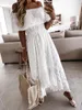 Sukienki swobodne letnia biała sukienka dla kobiet 2024 koronkowy hem bohemia krótki rękaw wysoki talia V-deter