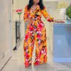 Abbigliamento etnico 2 pezzi abiti africani per donne estate eleganti eleganti maniche lunghe a v-scollo top pantaloni abbinati set di abiti Africa