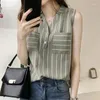 Women's Blouses Fashion V-Neck Pockets Striped Sleeveless Chiffon Shirts Clothing 2024 Summer Loose Casual Tops Office Lady